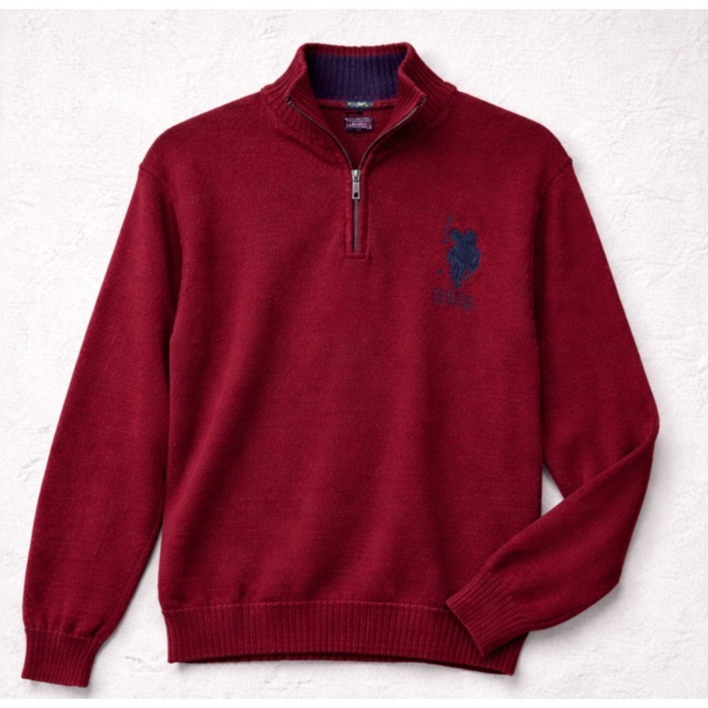 U.S. Polo Assn Men's Quarter Zip Knit Sweater Burgundy Red Size S Cotton